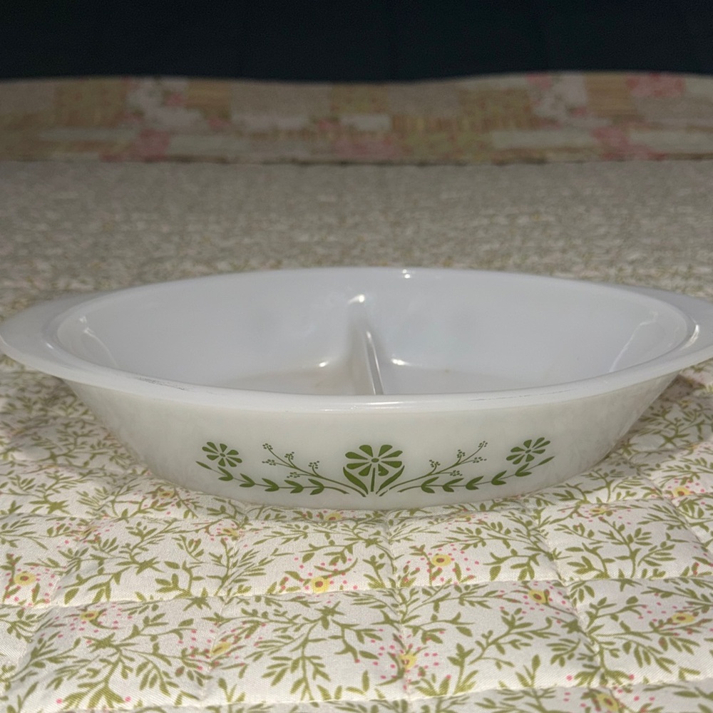 Vintage Glasbake White Divided Dish Green Daisy